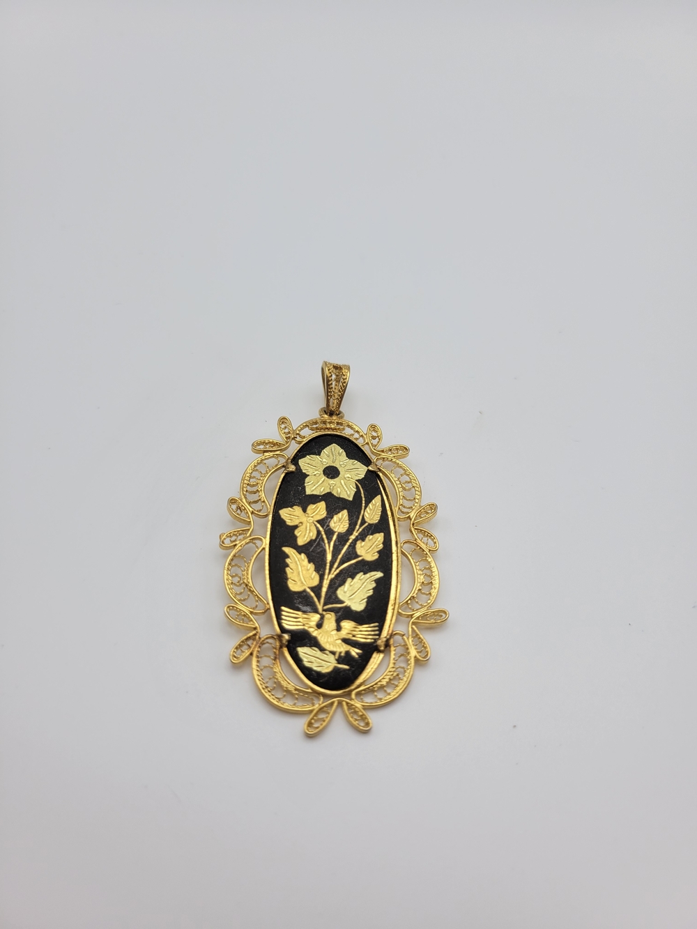 Damascene Inlaid Gold tone and black Oval Pendant